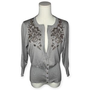 Talbots Silk Blend Beaded Embroidered Gray Cardigan Sweater Small